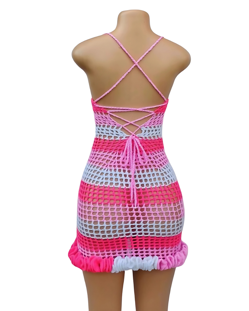 Transparent Crochet Dress – Pink &amp; White 💖🤍