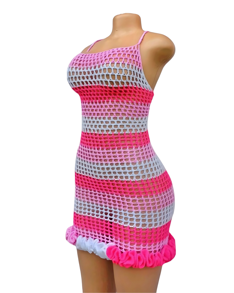 Transparent Crochet Dress – Pink &amp; White 💖🤍